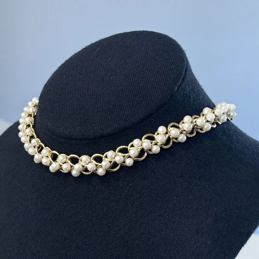 Vintage Richelieu Faux Pearl Gold Tone Woven Collar Choker Necklace